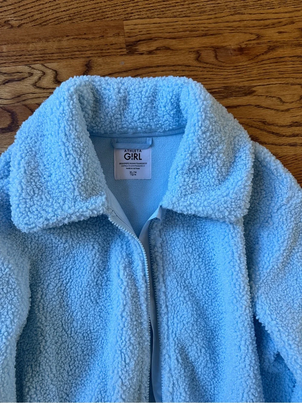 Athleta Girls Sherpa Zip Jacket in Light Blue and Brown